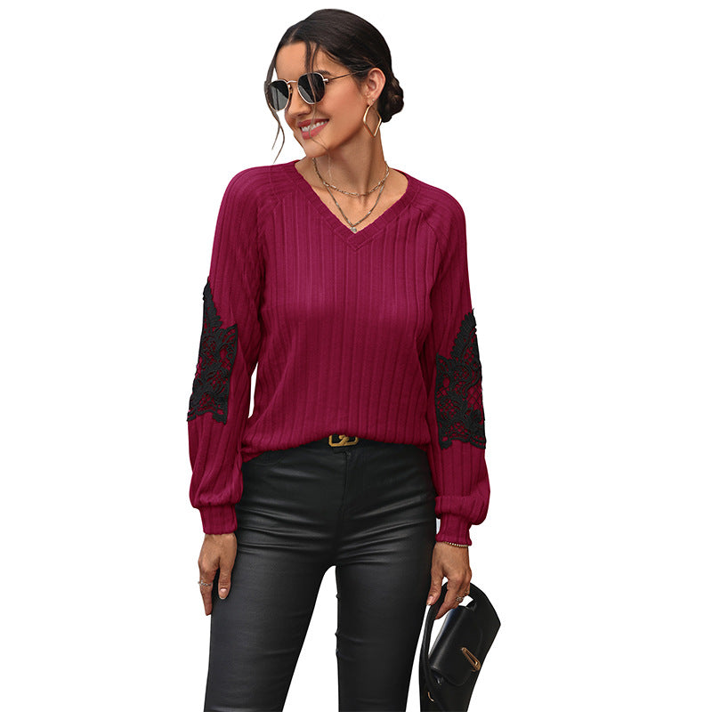Women's Ribbed Long Sleeve with V-Neck, Lace Inserts at the Elbows and Balloon Sleeves Chichicherry