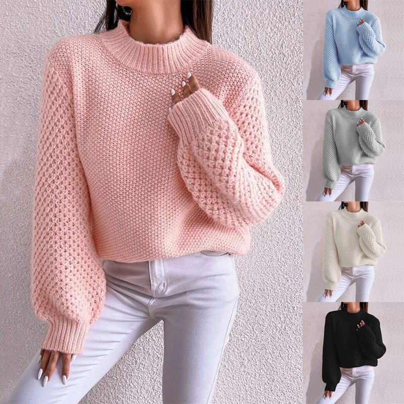 Women's Short-Cut Chunky Knit Sweater with Voluminous Mesh-Structure Sleeves and Stand-Up Collar Chichicherry