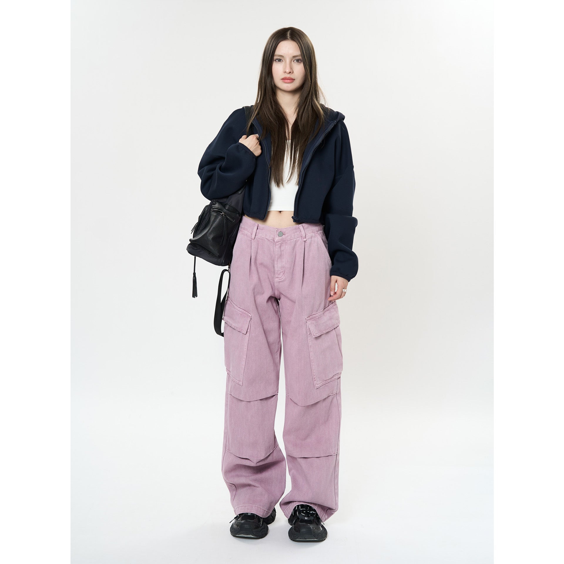 Women Wide High-Waist Cargo Palazzo Pants with Large Flap Pockets Chichicherry