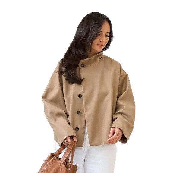 Women's short A-line coat jacket with stand-up collar and asymmetrical button placket Chichicherry