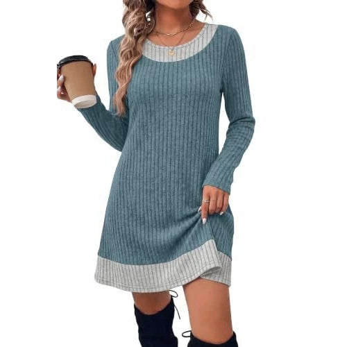 Women's Ribbed Long Shirt Dress with Checked Hem and Neckline Trim Chichicherry