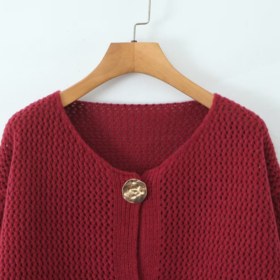 Ladies Light Open Hole Knit Cardigan with Decorative Buttons and Patch Pockets Chichicherry