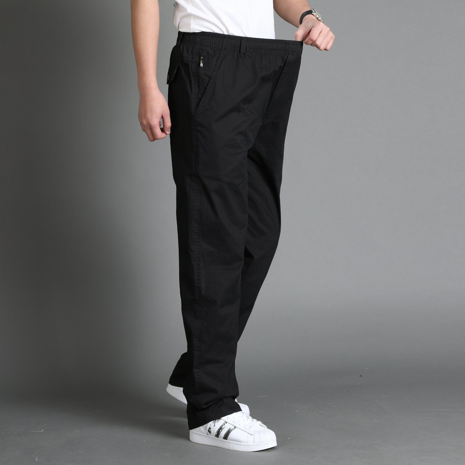 Men's Casual Canvas Chino Pants with Elastic Drawstring Waistband, Patch Pockets & Straight Leg Chichicherry