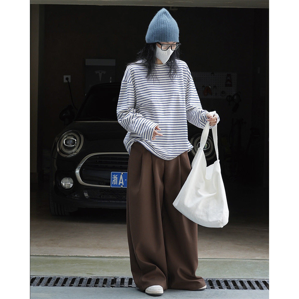 Women Oversized Striped Long Sleeve from Cotton Jersey with Round Neck Chichicherry