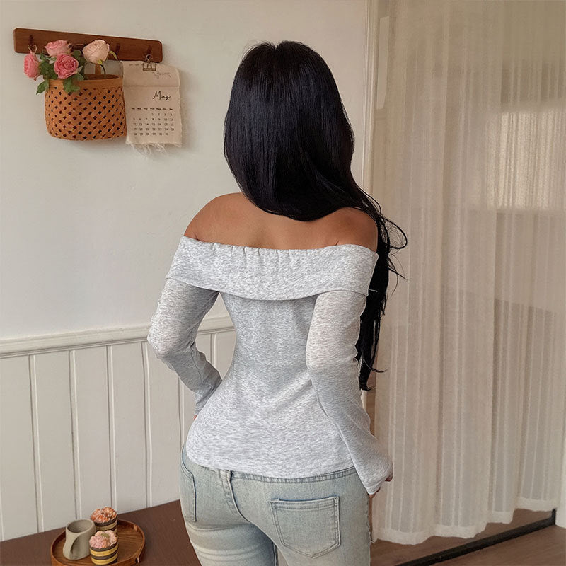 Women Off-Shoulder Long Sleeve Shaping Shirt with Rolled Carmen Yoke and Tailored Silhouette Chichicherry