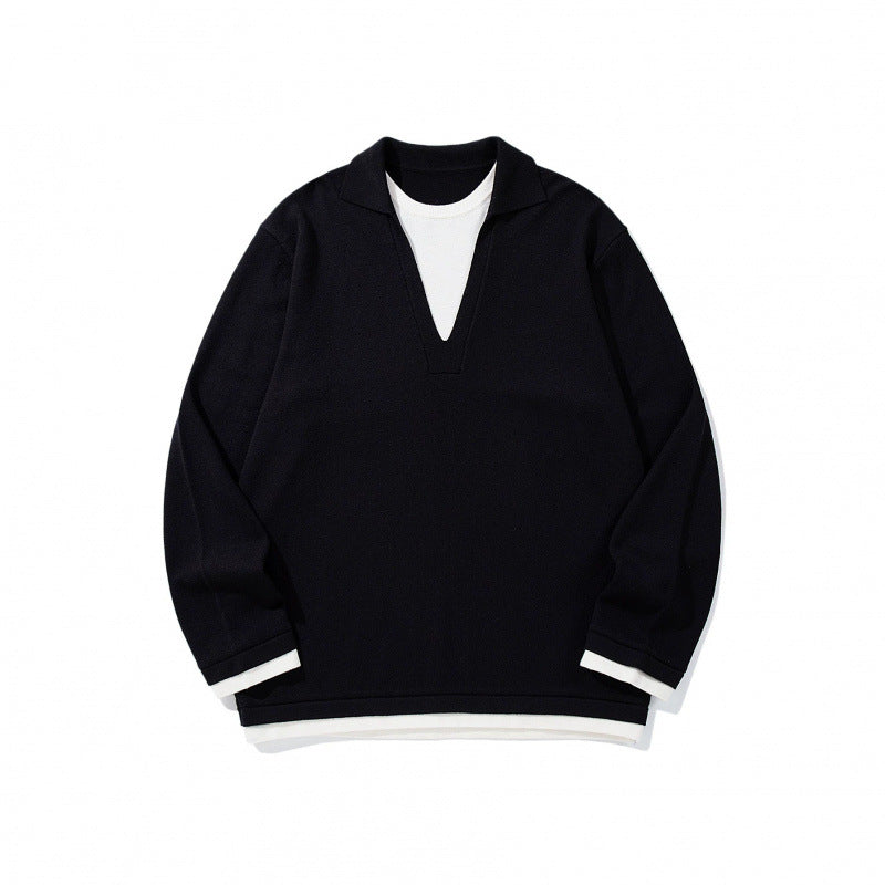 Unisex Oversize Knit Sweater with Open V-Neck and Shirt Collar Chichicherry
