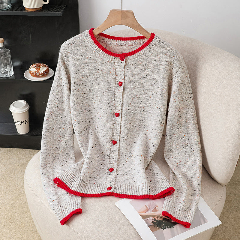 Women's Speckled Cardigan with Contrast Edges and Heart Buttons Chichicherry