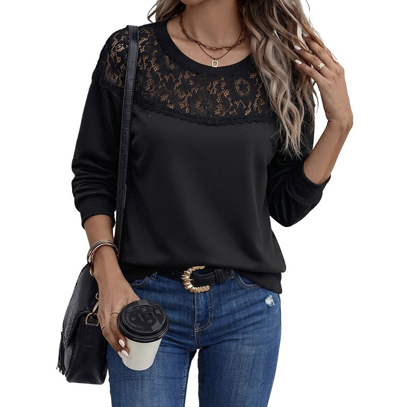 Women’s Casual Long Sleeve Shirt with Transparent Lace Yoke and Round Neckline Chichicherry