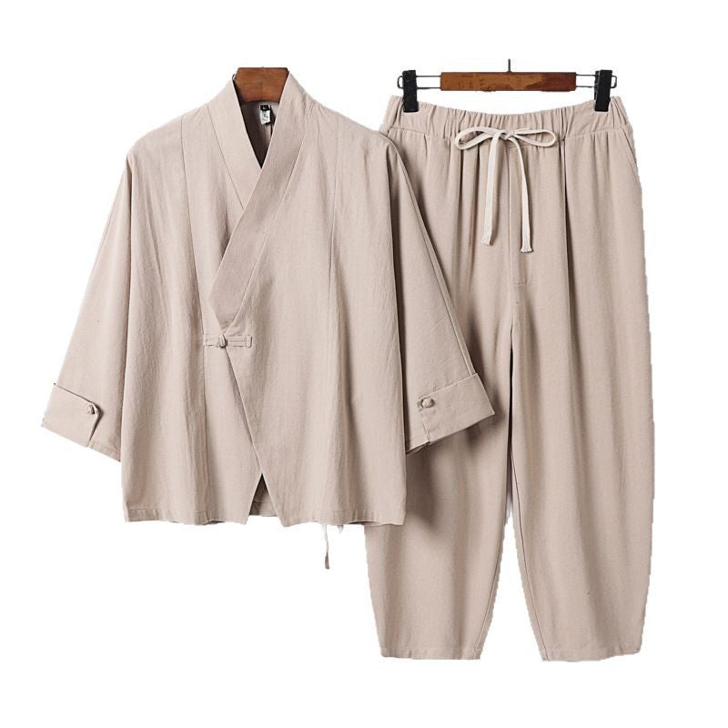 Men's Breathable Linen-Cotton Lounge Set with Asymmetrical V-Neck and Elastic Cord Pants Chichicherry