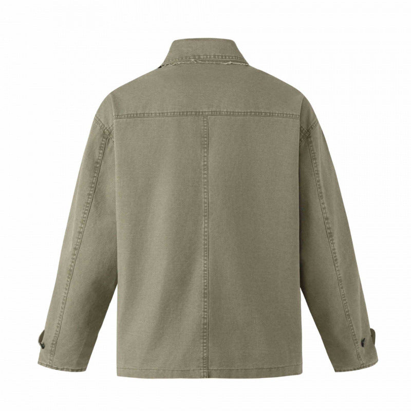 Men's Double-Breasted Canvas Worker Jacket with Shirt Collar, Patch Pockets, and Boxy Cut Chichicherry