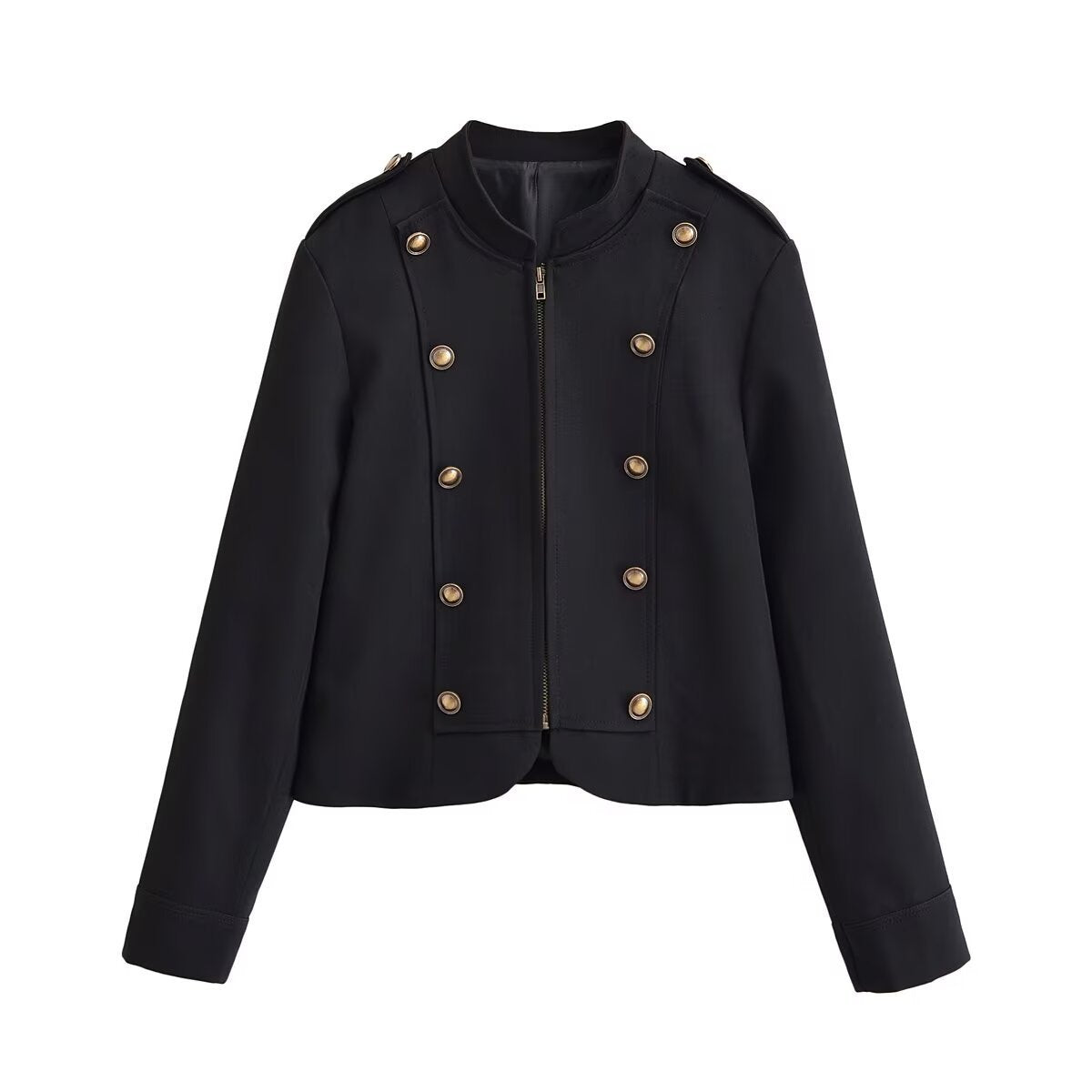 Ladies fitted short jacket in military style with decorative double-button placket, zipper, and shoulder epaulettes Chichicherry