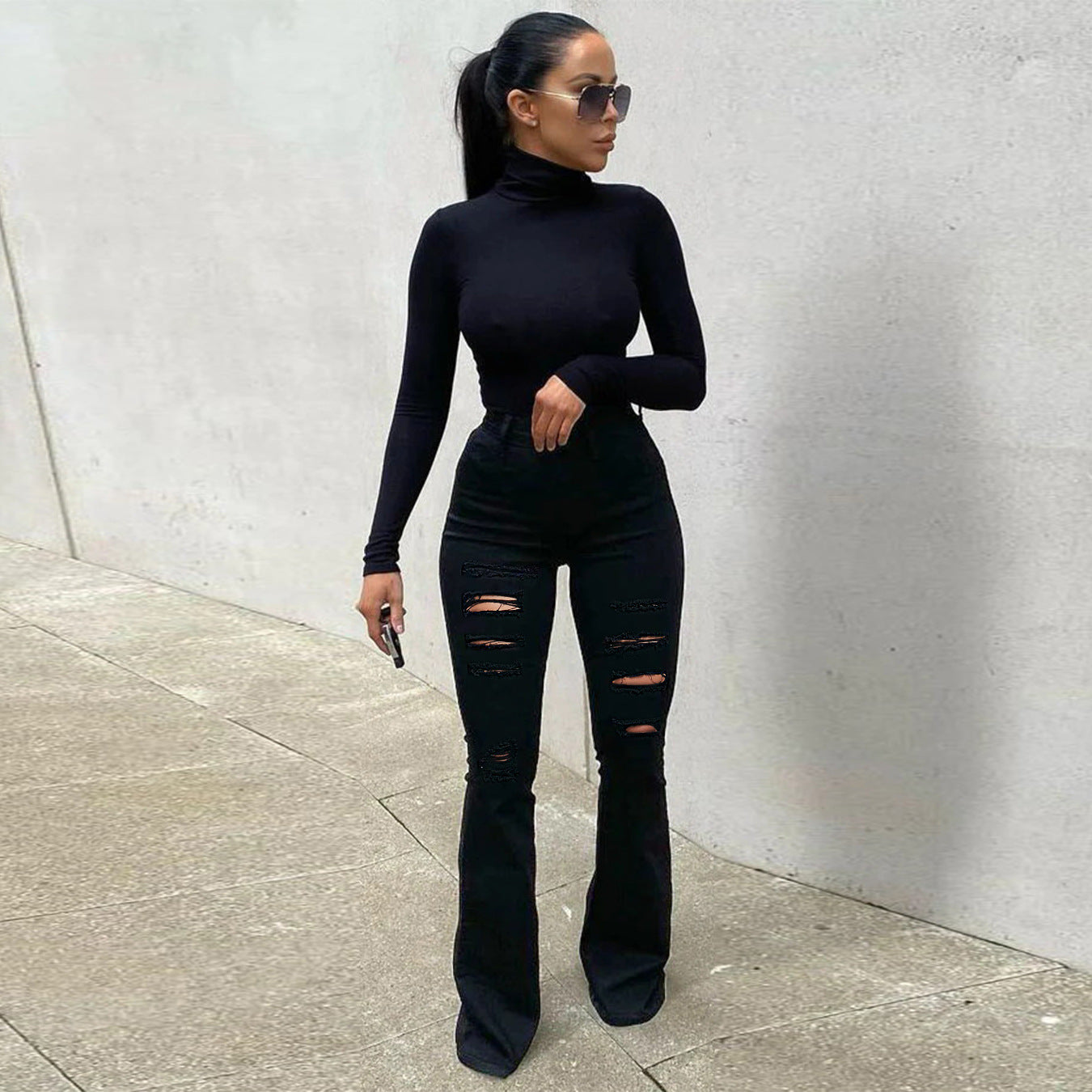 Women's High-Waist Flared Pants in Stretch Denim with Multiple Destroyed Effect Chichicherry