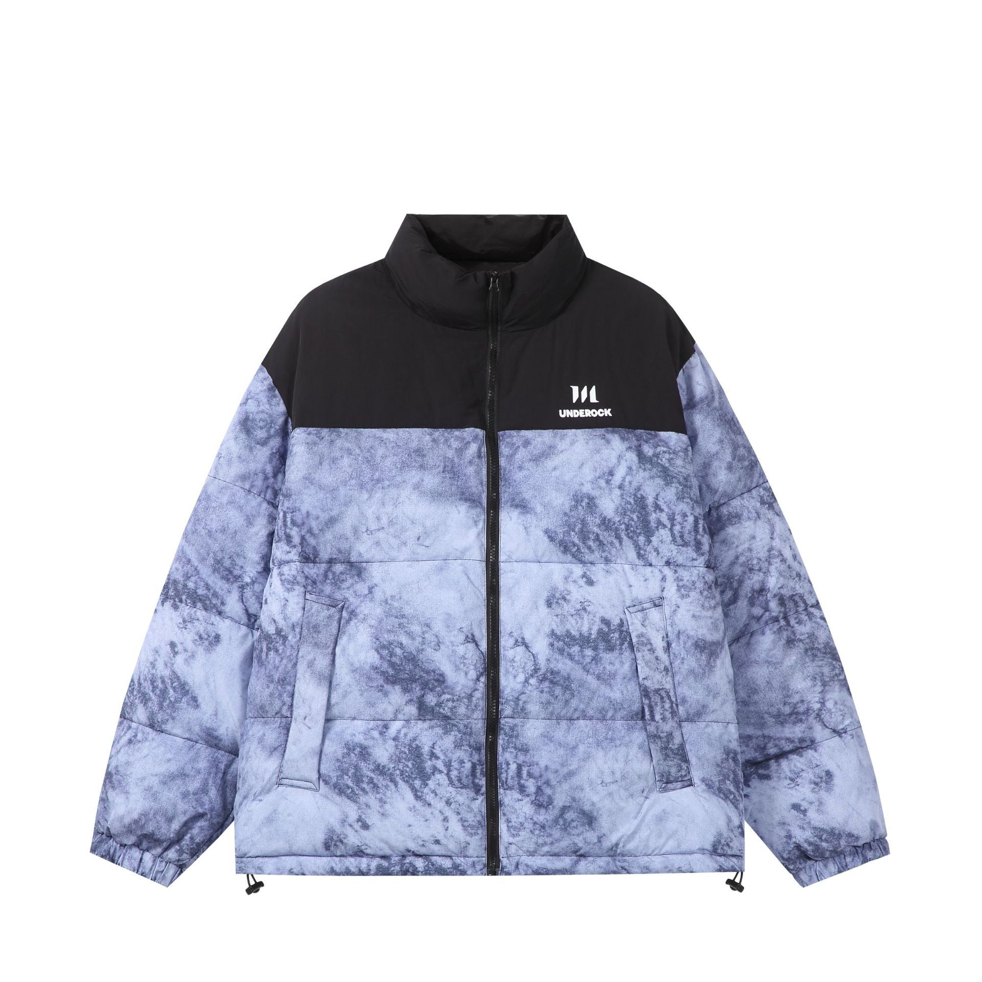 Unisex Padded Boxy Insulated Jacket with Marble Effect and High Stand-Up Collar Chichicherry