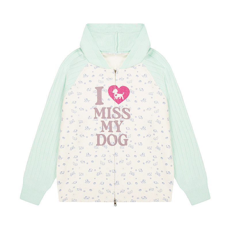 Women's hoodie cardigan with full zip, ribbed sleeves, and dog statement print Chichicherry