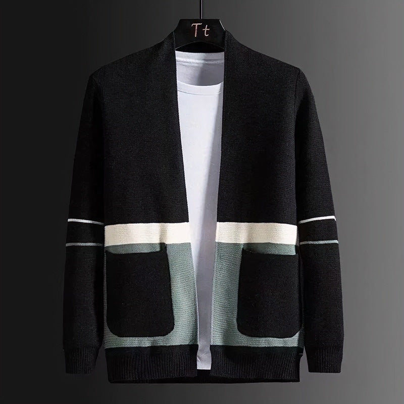 Herren Offene Strickjacke im Colorblock‑Design mit aufgesetzten Taschen und geripptem Saum Chichicherry