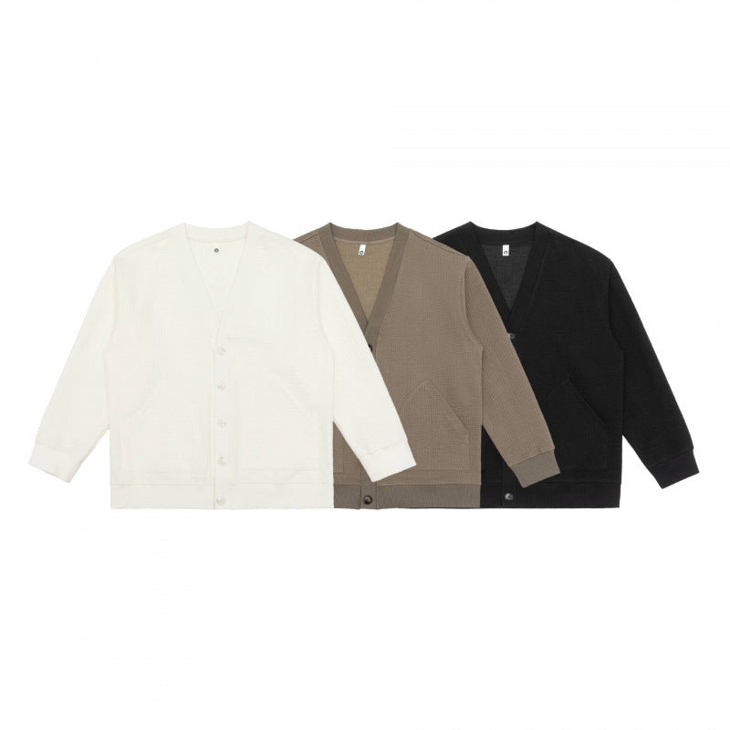 Unisex Oversized Waffle Knit Cardigan with V-Neck, Button Placket and Patch Pockets Chichicherry