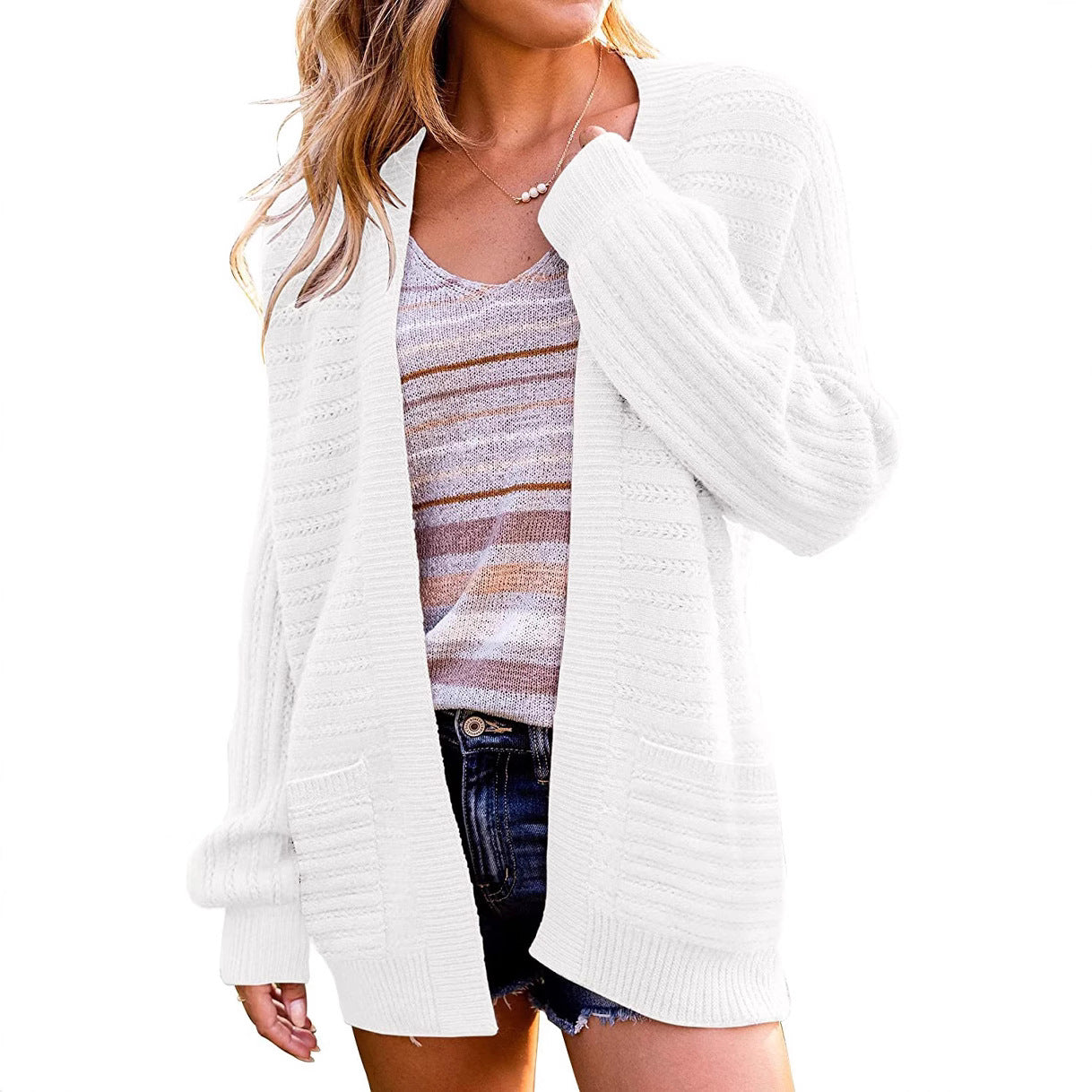 Women Oversize Knit Cardigan with Patch Pockets and Ribbed Structure Chichicherry