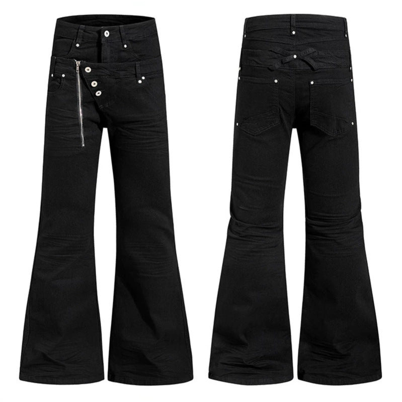 Women's Wide Flared Jeans with Asymmetrical Zipper and Button Closure Chichicherry