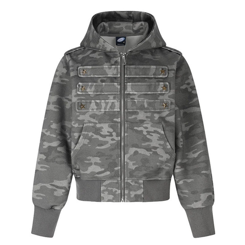 Women's cropped hooded sweatshirt jacket in military camo with decorative star strap details Chichicherry
