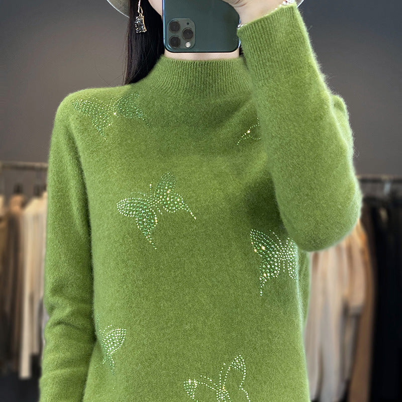 Ladies Stand Collar Fine Knit Sweater with Rhinestone Butterfly Appliqué Chichicherry