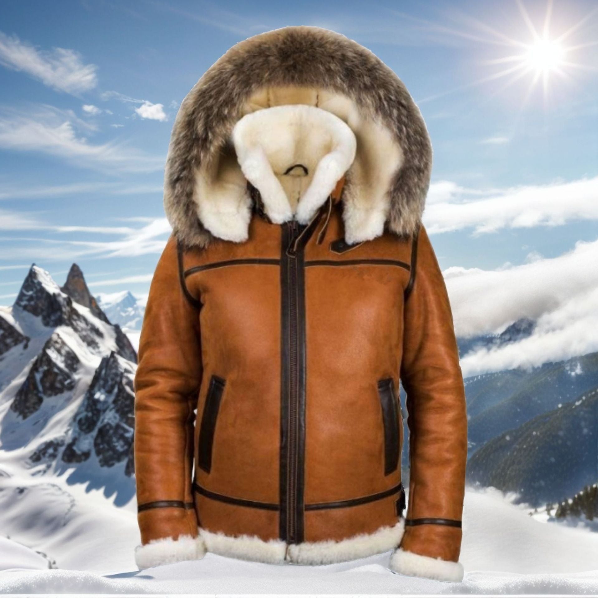Women's Suede Look Bomber Jacket with Faux Fur Hood and Buckles Chichicherry