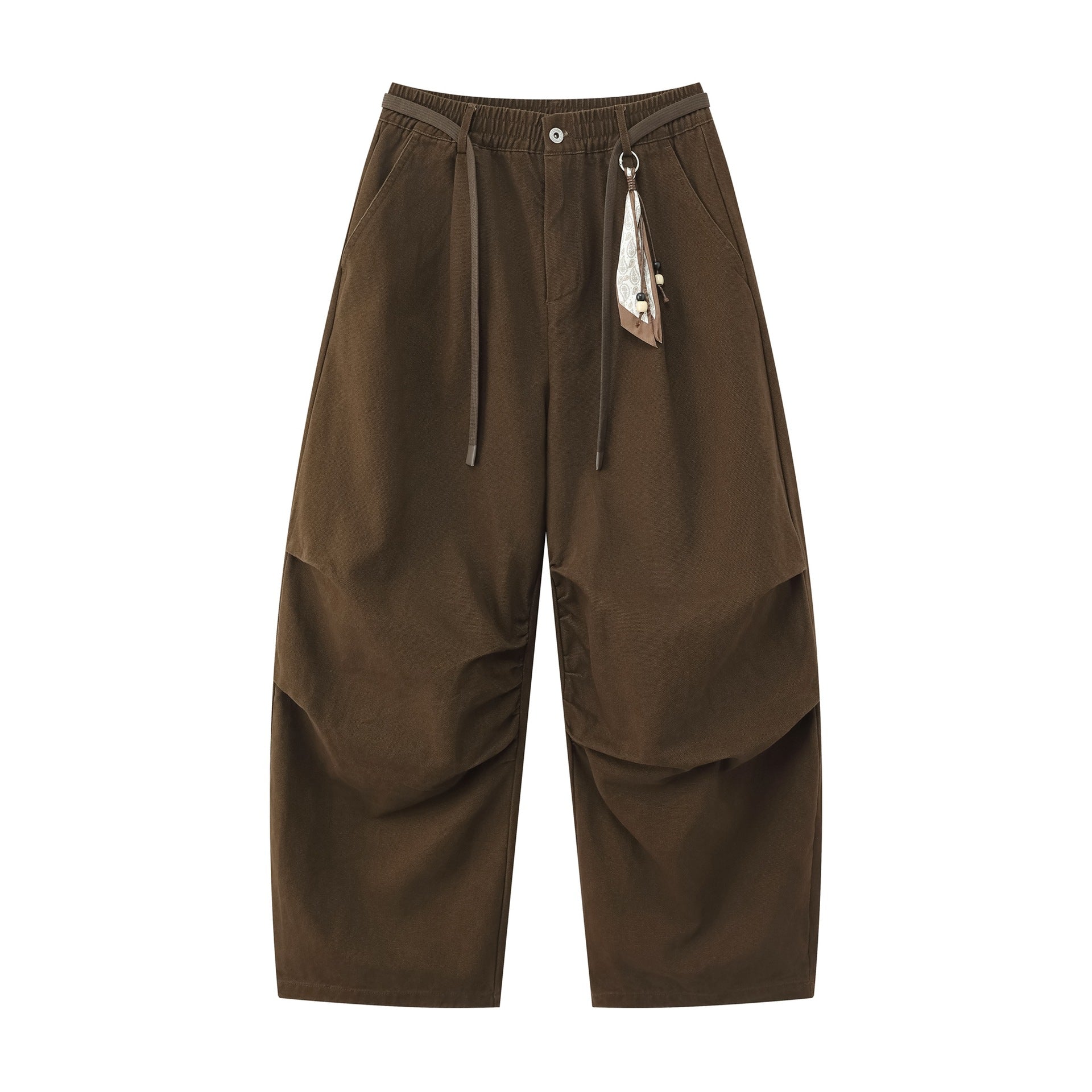 Women's Wide Culotte Pants with Elastic Waistband, Pleats, and Decorative Scarf Pendant Chichicherry
