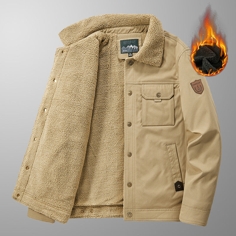 Men's Insulated Canvas Work Jacket with Teddy Fleece Lining, Chest Patches and Utility Pockets Chichicherry
