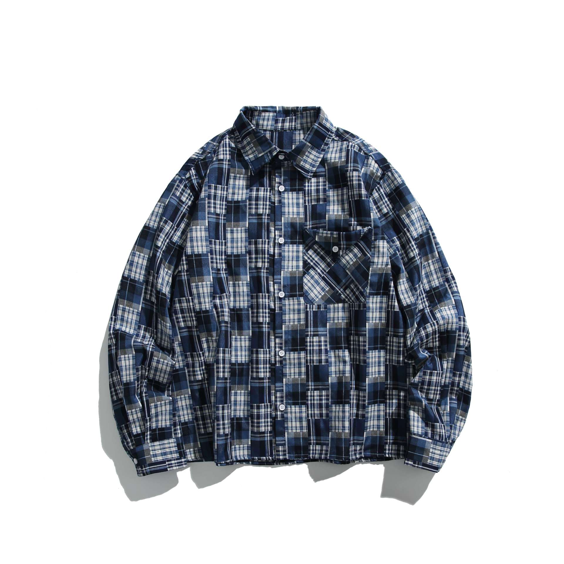 Unisex Patchwork Check Shirt Jacket in Oversize Boxy Cut with Chest Pocket and Kent Collar Chichicherry
