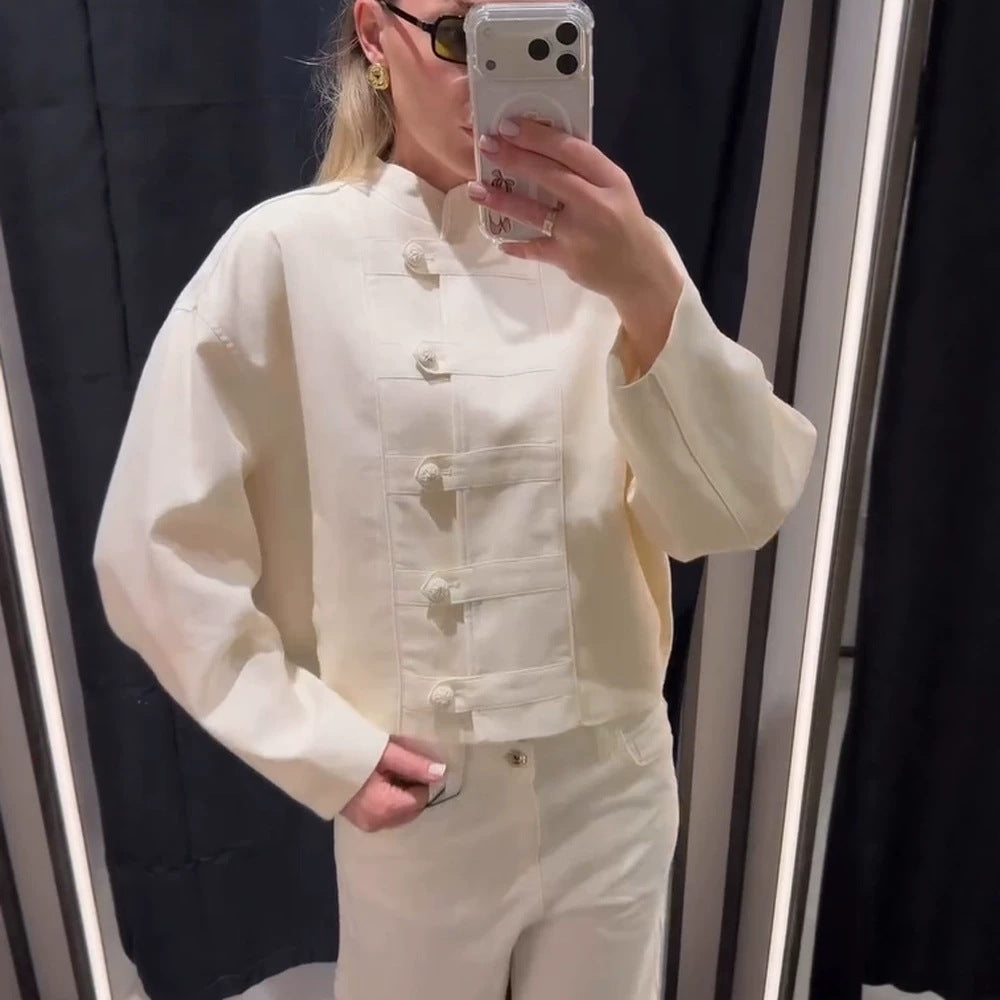 Women's Short Boxy Jacket with Mandarin Collar and Decorative Knot Button Placket Chichicherry