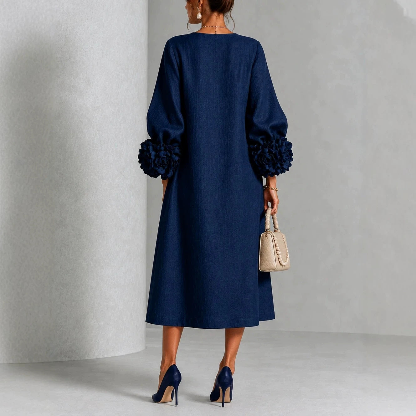 Women's midi dress in linen look with balloon sleeves and 3D flower cuffs Chichicherry