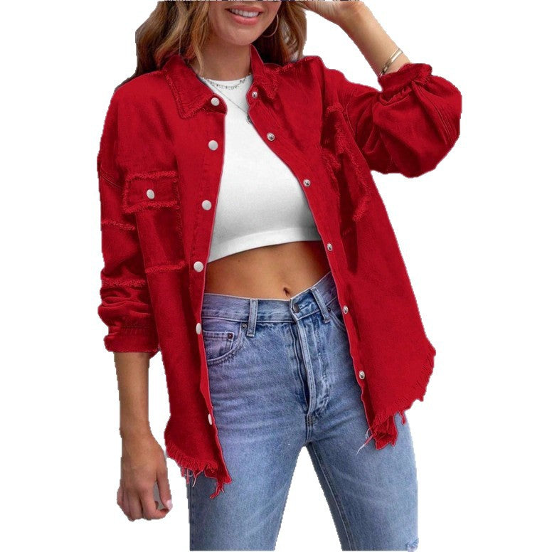 Women's oversized denim shirt jacket with fringe trim, flap pockets, and snap front Chichicherry