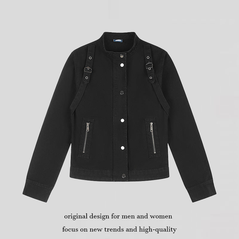 Women's Short Utility Jacket with Stand-Up Collar, Adjustable Shoulder Straps and Snap Closure Chichicherry