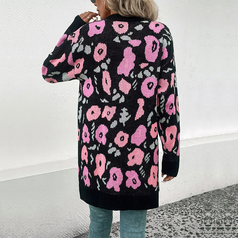 Women's Long Open Knit Cardigan with Leopard Jacquard Pattern and Ribbed Hems Chichicherry