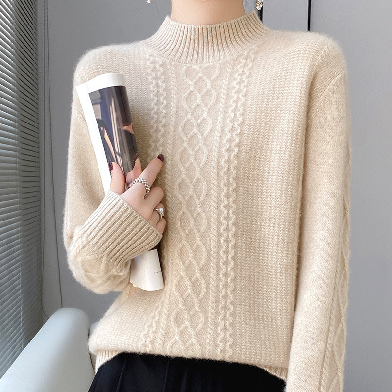 Women's Soft Cable Knit Mock Neck Sweater with Light Mohair Effect Chichicherry