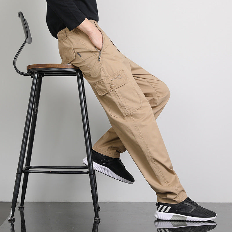 Men's Loose Cargo Pants with Elastic Waistband, Multi-Pockets & Straight Leg Chichicherry