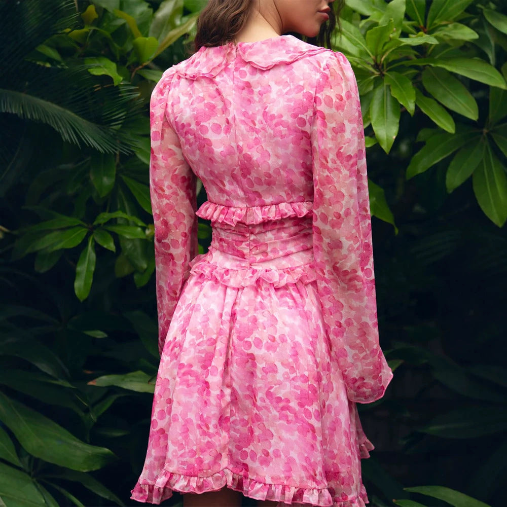 Women Short Ruffled Dress with Tailored Corset Waist and Balloon Sleeves Chichicherry