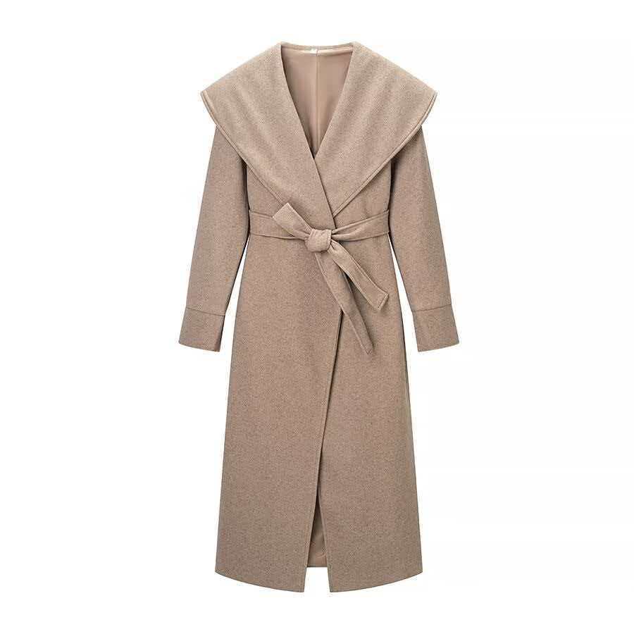 Women's Maxi Coat in Wrap Style with Wide Shawl Collar and Rolled-Up Sleeves Chichicherry