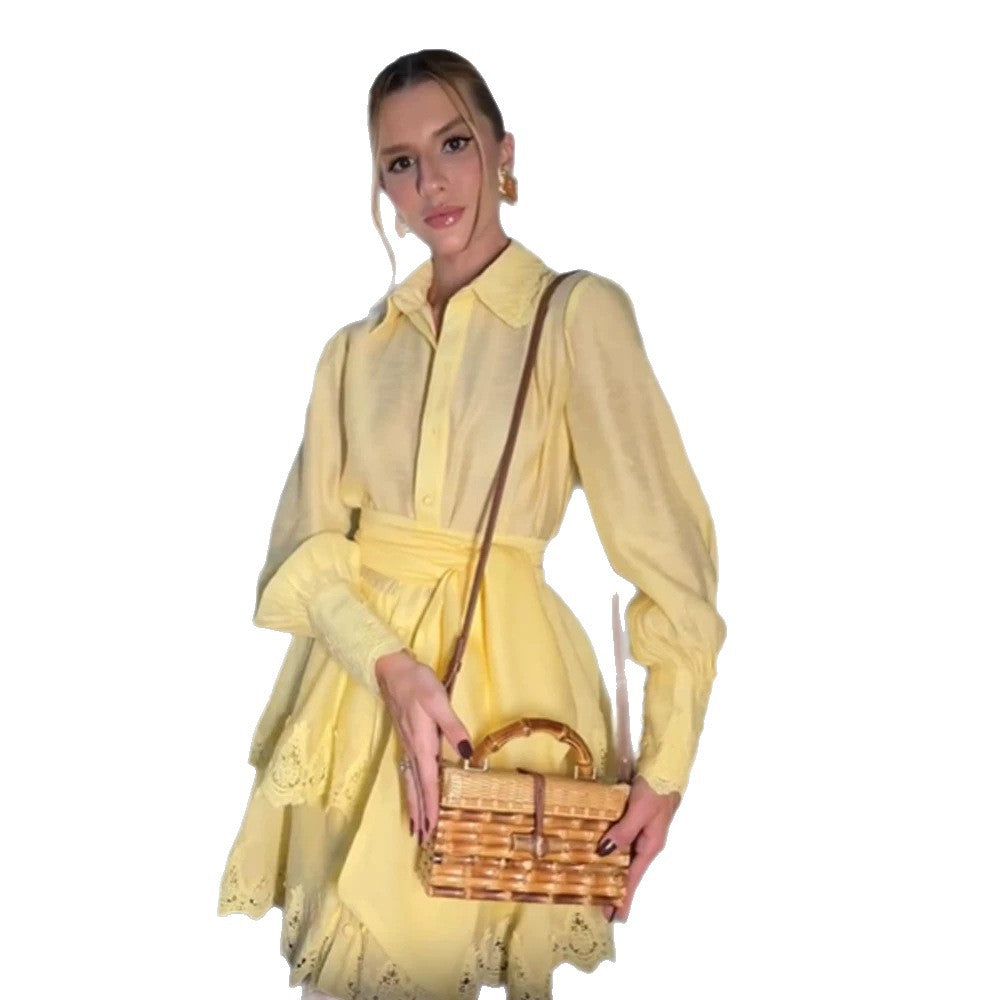 Women Lightweight Shirt Dress with Broderie Anglaise Hem and Wrap Belt Chichicherry