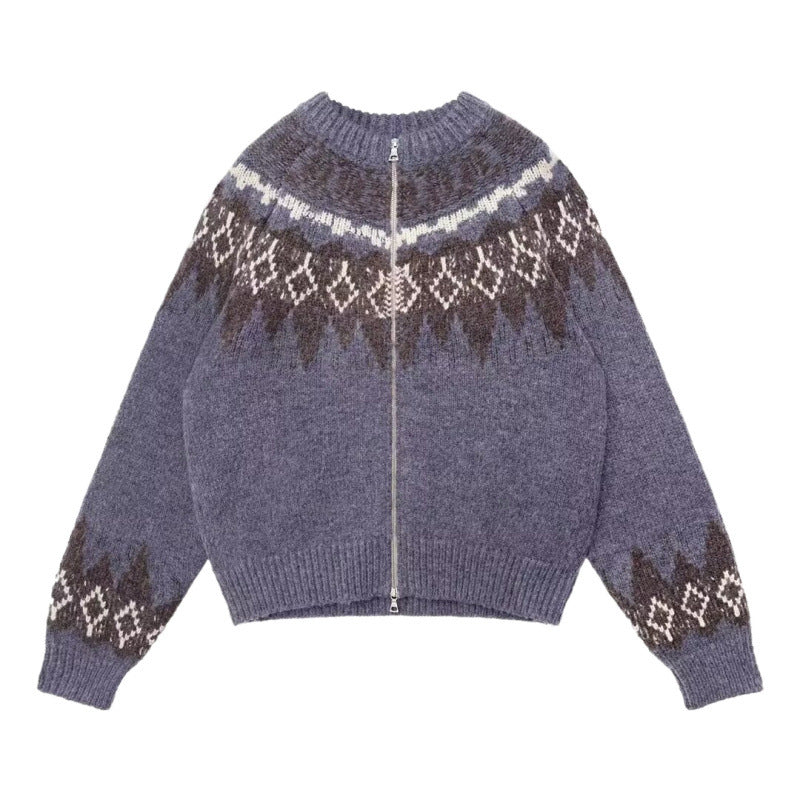 Damen Kurz geschnittene Norweger-Strickjacke mit durchgehendem Reißverschluss und Rundkragen Chichicherry