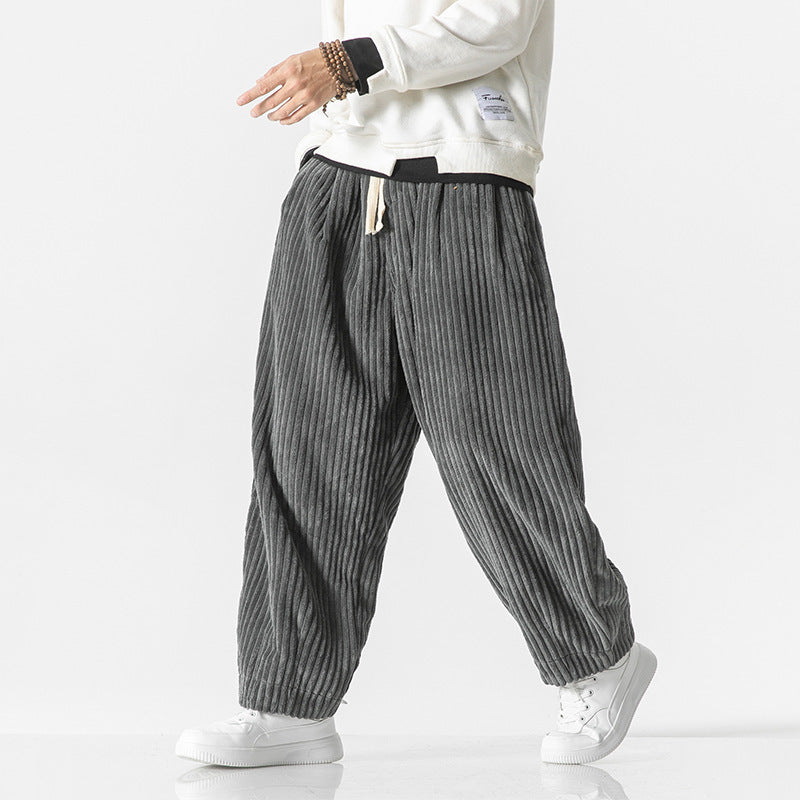 Men's Loose-Fit Corduroy Balloon Pants with Drawstring and Wide Rib Relief Chichicherry