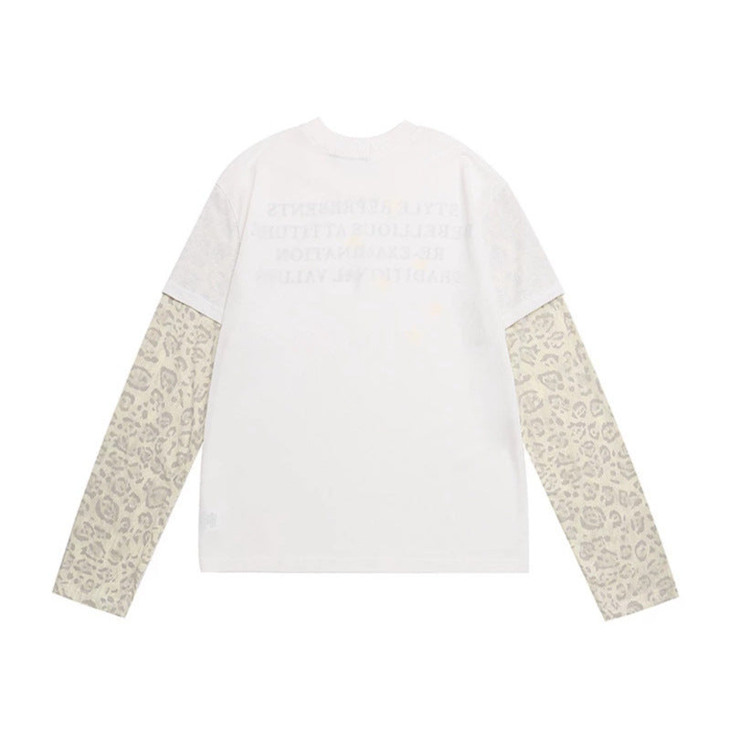 Women Layered Long Sleeve Shirt with Contrast Sleeves in Leopard Pattern and Statement Print Chichicherry