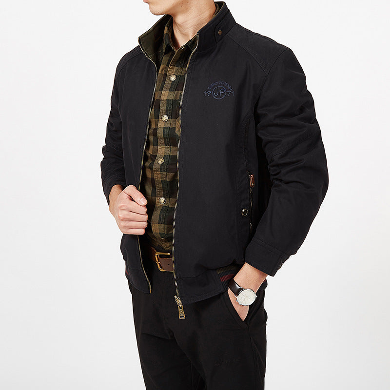 Men's transitional field jacket made of waxed canvas with stand-up collar and concealed zipper Chichicherry