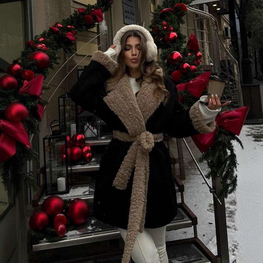Damen Kurzer Oversized Wintermantel mit Teddy-Futter und Taillengürtel Chichicherry