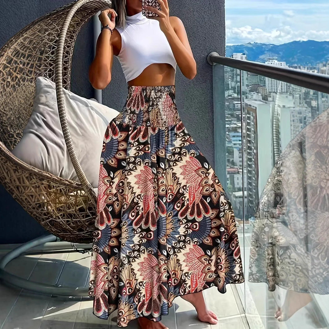 Women's maxi skirt with high smocked waistband and floral paisley look Chichicherry