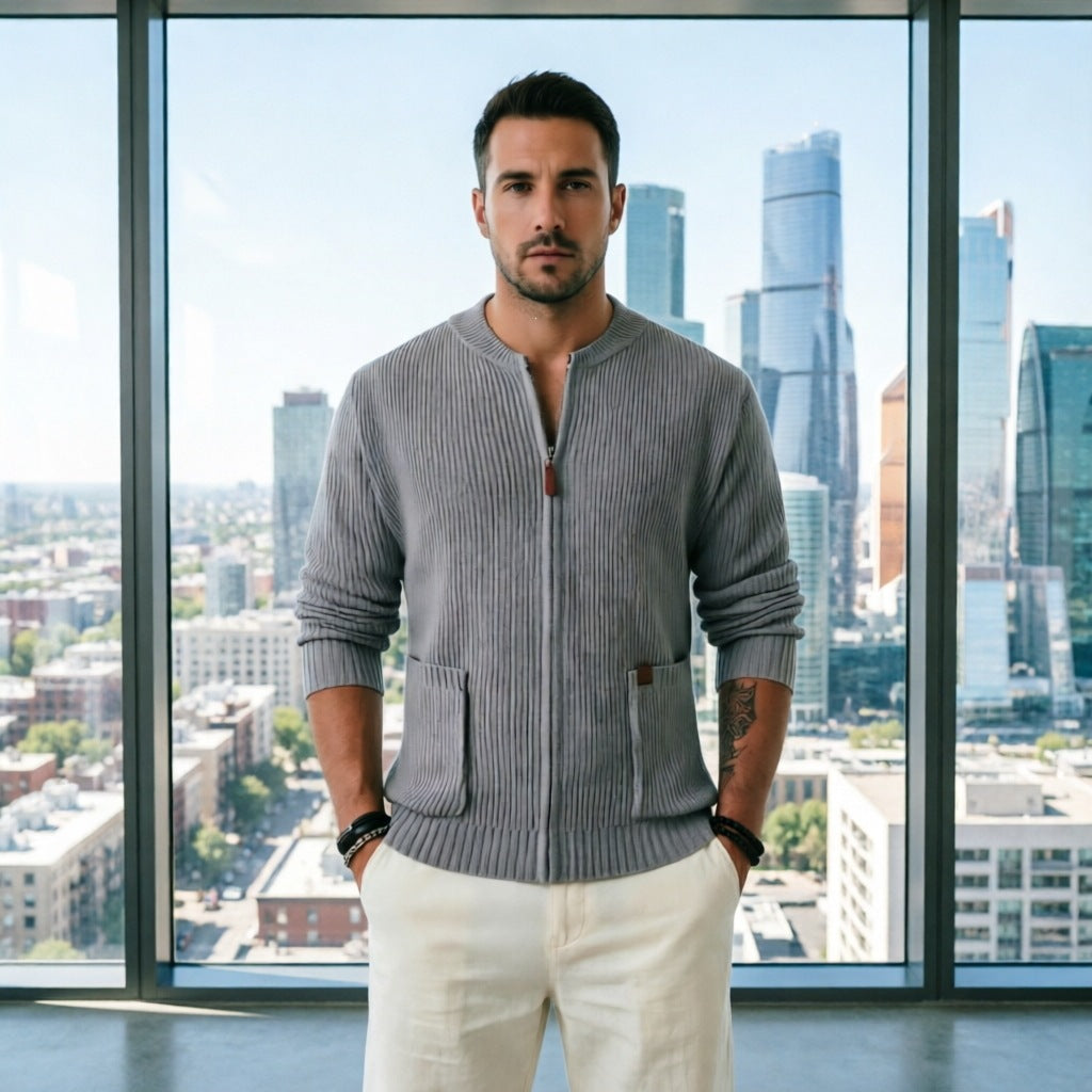 Men's ribbed cardigan with front zipper and patch pockets Chichicherry