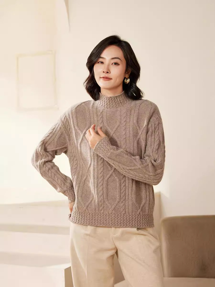 Women's cable knit mock neck sweater with short boxy silhouette Chichicherry