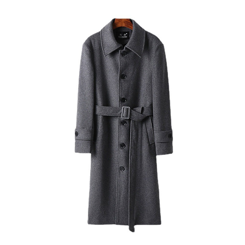 Men's tailored maxi long wool blend coat with tie belt and Kent collar Chichicherry