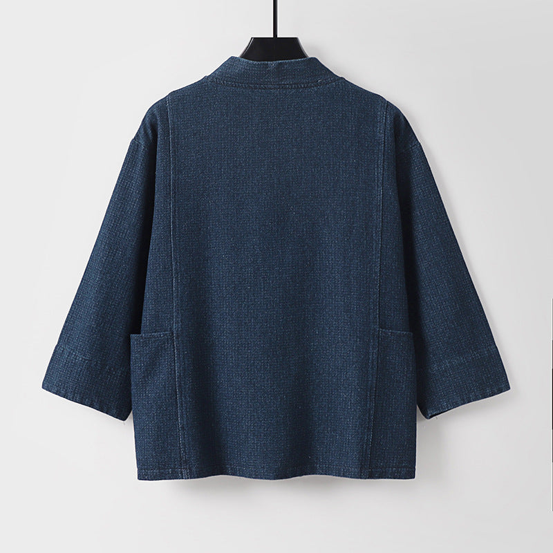 Unisex Jeans-Kimono Jacket with Ties and Patch Pockets Chichicherry