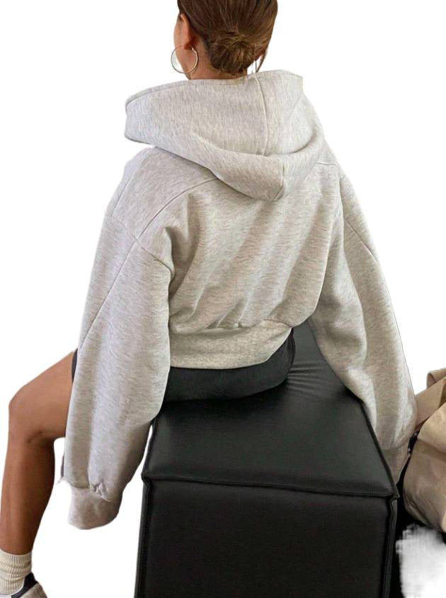 Women's Cropped Hoodie Jacket with Full Zip and Voluminous Raglan Sleeves Chichicherry