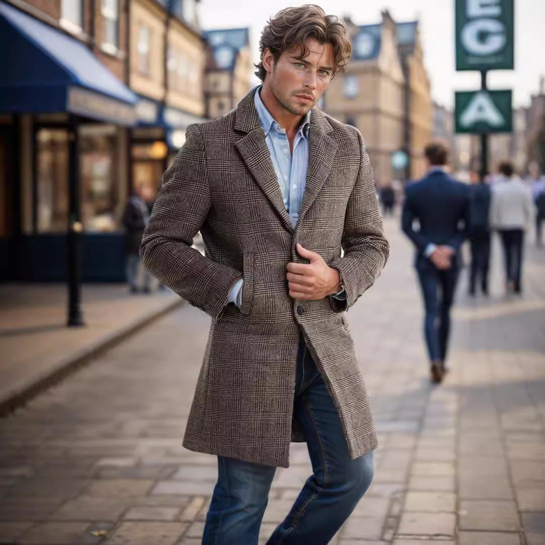 Men's Glencheck Wool Blend Coat with Quilted Thermal Lining and Slim Silhouette Chichicherry